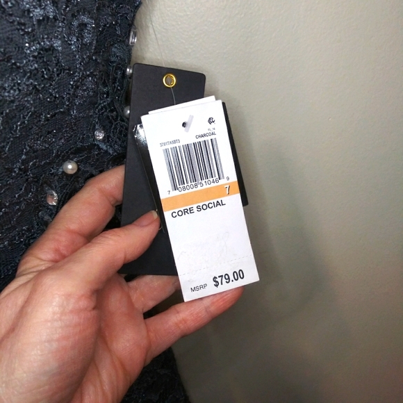 City Studio Pearl & Rhinestone Studded Sparkly Gray Lace Sheath Cocktail Dress - Picture 4 of 14